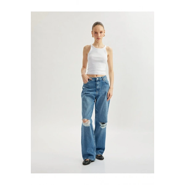 Koton Yüksek Bel Yıpratma Detaylı Pamuklu Denim Pantolon
