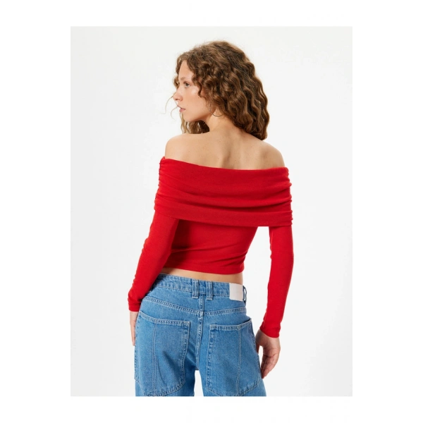 Koton Madonna Yaka Omzu Açık Tişört Uzun Kollu Drapeli Slim Fit Viskon Karışımlı