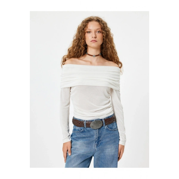 Koton Madonna Yaka Omzu Açık Tişört Uzun Kollu Drapeli Slim Fit Viskon Karışımlı