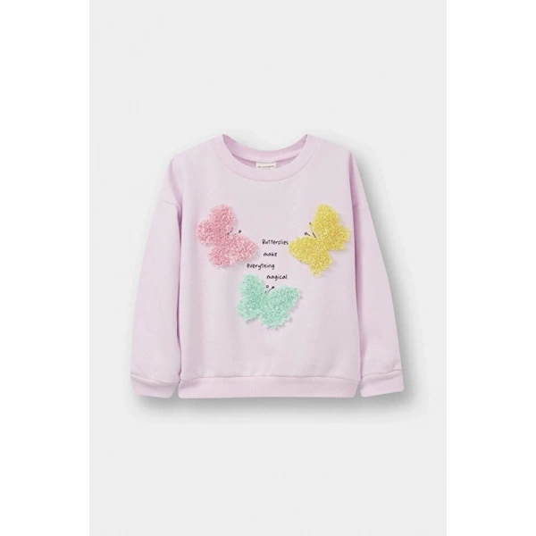 Defacto Bisiklet Yaka Baskılı İçi Yumuşak Tüylü Sweatshirt Kız Bebek