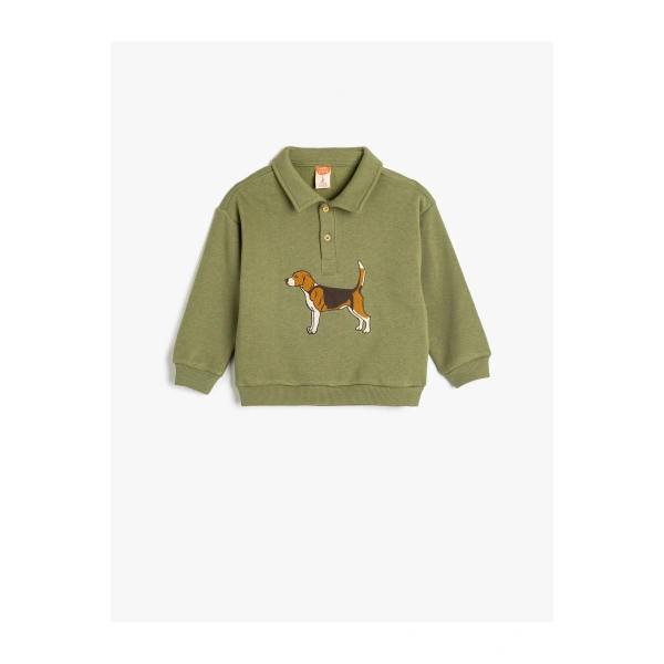 KOTON Köpek Baskılı Pamuklu Uzun Kollu Şardonlu Polo Yaka Sweatshirt