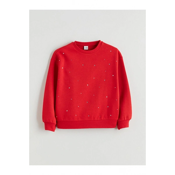 LC Waikiki Bisiklet Yaka Taşlı Kız Çocuk Sweatshirt