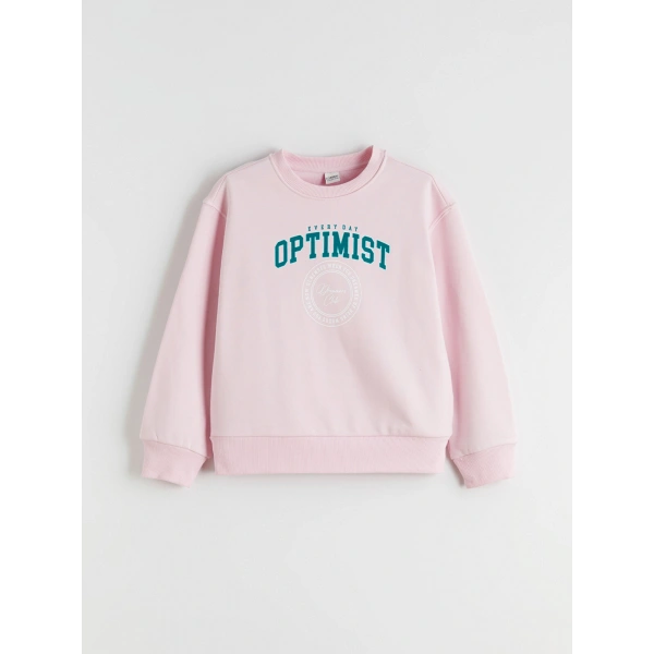 LC Waikiki Pembe Bisiklet Yaka Baskılı Kız Çocuk Sweatshirt