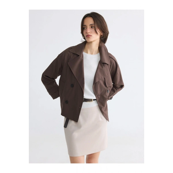 LC Waikiki Kahverengi Kruvaze Yaka Oversize Kadın Trençkot