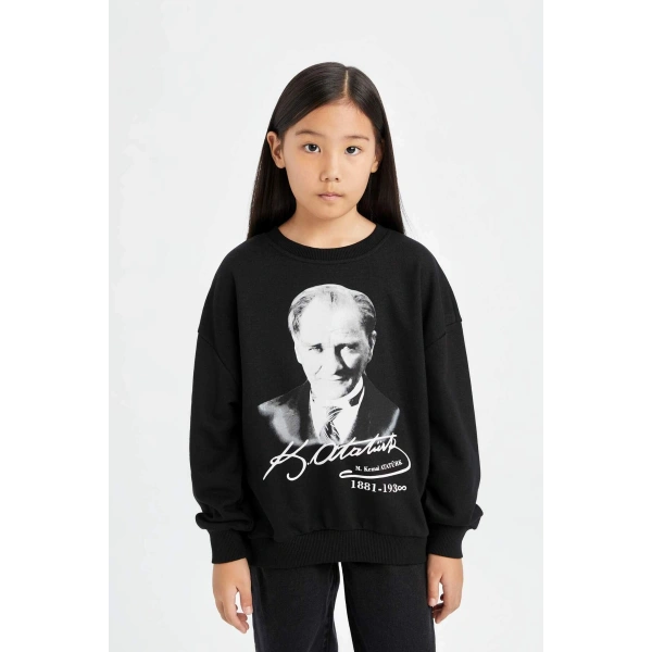 Oversize Geniş Kalıp Bisiklet Yaka Atatürk Baskılı Sweatshirt Kız Çocuk D4187A824WN