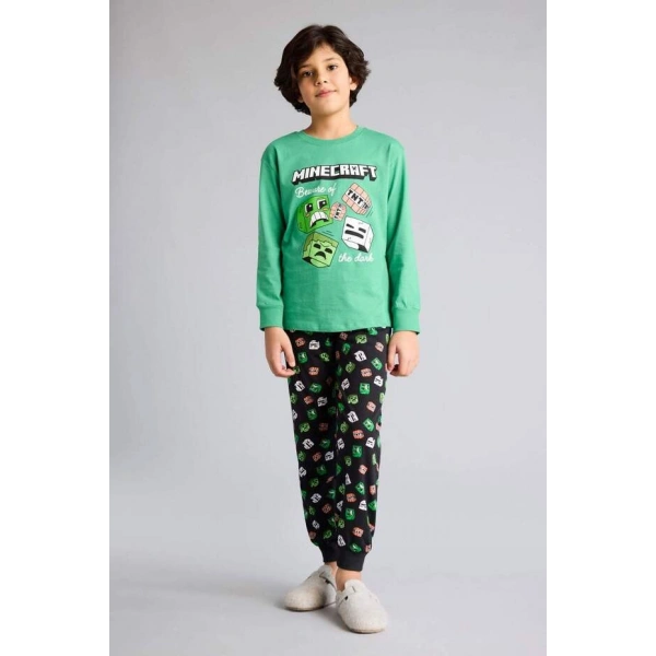 Defacto %100 Pamuk Regular Fit Elastik Bel Desenli 2li Bej Pijama Takımı Erkek Çocuk
