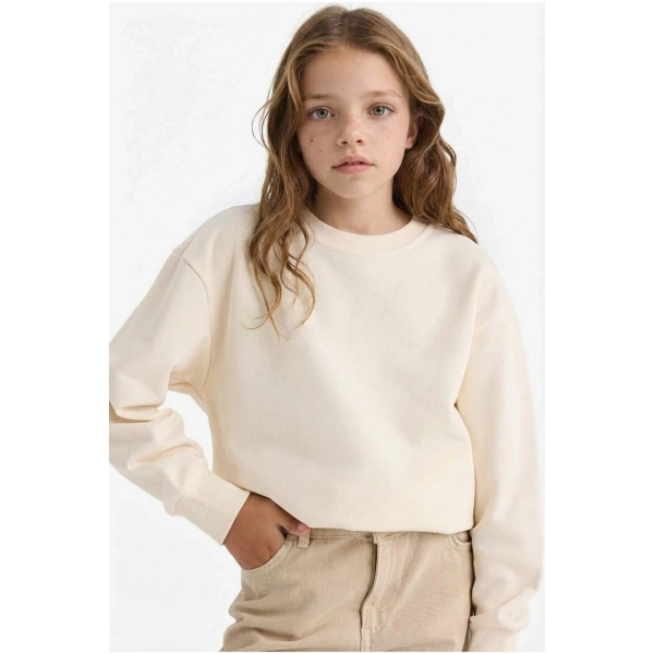 KDefacto Okul Relax Fit Uzun Kollu Ekru Pamuklu Bisiklet Yaka Basic Sweatshirt Kız Çocuk A2797A825AU