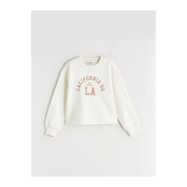 LCW Kids Ekru Bisiklet Yaka Baskılı Kız Çocuk Sweatshirt