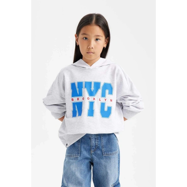 Oversize Geniş Kalıp Kapüşonlu Baskılı İçi Yumuşak Tüylü Sweatshirt Kız Çocuk D1566A824WN