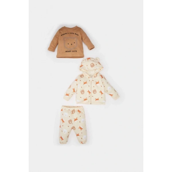 Defacto Erkek Bebek 3lü Takım Ayı Baskılı Sweatshirt Kapüşonlu Hırka Beli Lastikli Alt D6022A524WN
