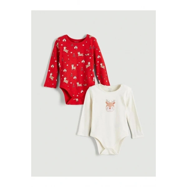 LC Waikiki Geyik Baskılı Uzun Kollu Kız Bebek Çıtçıtlı Body 2 li (W5)