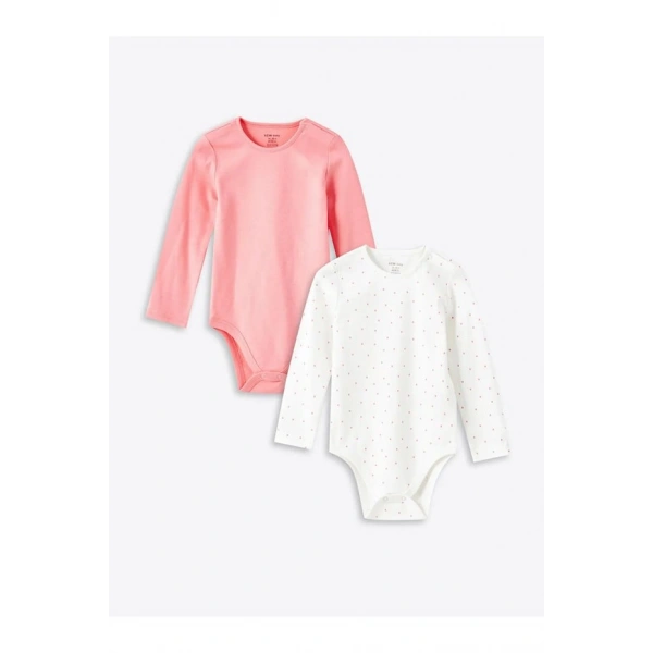 LC Waikiki LCW baby Ekru Baskılı Bisiklet Yaka Uzun Kollu Kız Bebek Çıtçıtlı Body 2li