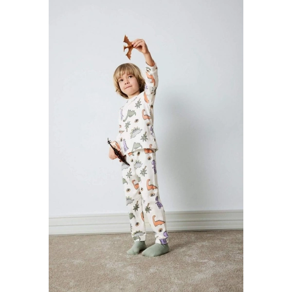 Defacto %100 Pamuklu Dinozor Baskılı Beli Lastikli Pijama Takımı Erkek Bebek D9070A525SP