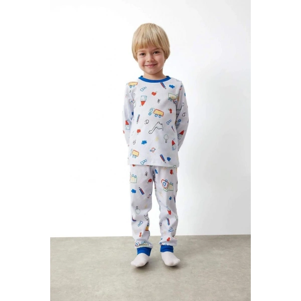 Defacto Erkek Bebek Dinazor Baskılı Uzun Kollu Fitilli Kaşkorse Pijama Takımı