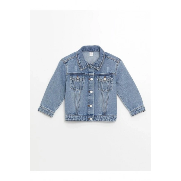 LC Waikiki LCW Kids Asit Yıkamalı Gömlek Yaka Basic Kız Çocuk Jean Ceket (W4)