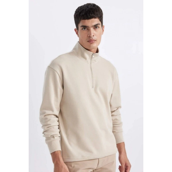 Defacto Comfort Regular Fit Rahat Kalıp Fermuarlı Dik Yaka Basic Düz Sweatshirt