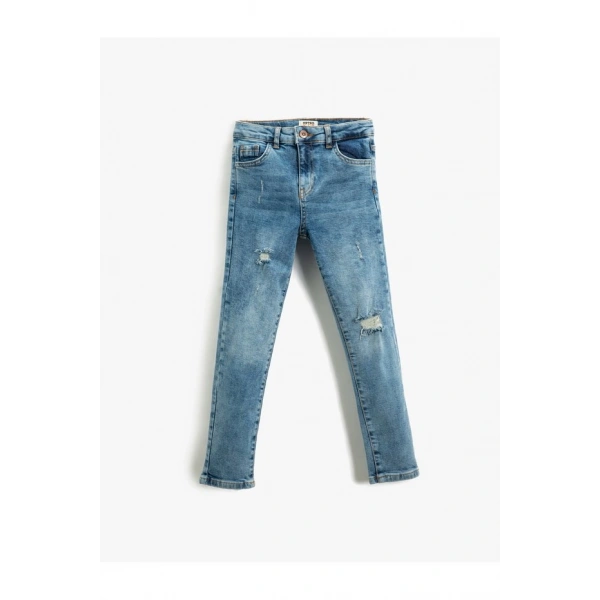 Koton Kot Pantolon Yıpratılmış Detaylı Pamuklu Cepli - Slim Jean Beli Ayarlanabilir Lastikli