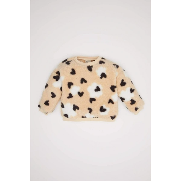 Defacto Bisiklet Yaka Kalp Desenli İçi Yumuşak Tüylü Welsoft Pelüş Sweatshirt Kız Bebek