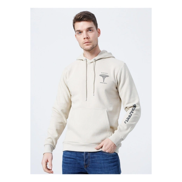 Kapüşonlu Baskılı Krem Erkek Sweatshirt