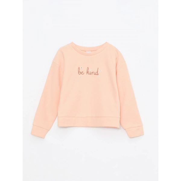 LC Waikiki Mercan Bisiklet Yaka Nakışlı Uzun Kollu Kız Çocuk Sweatshirt