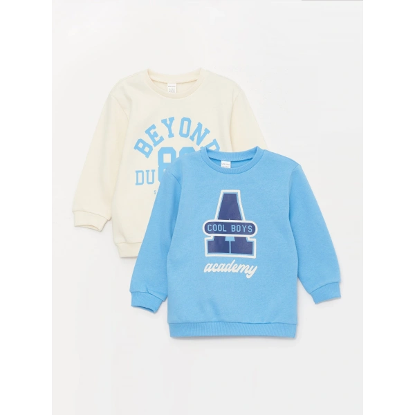 LC Waikiki Bej Bisiklet Yaka Uzun Kollu Baskılı Erkek Bebek Sweatshirt 2li