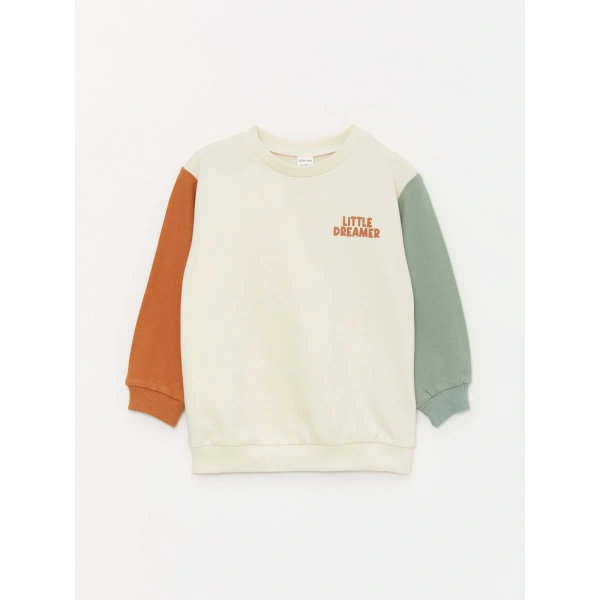 LC Waikiki Bej Bisiklet Yaka Baskılı Erkek Bebek Sweatshirt