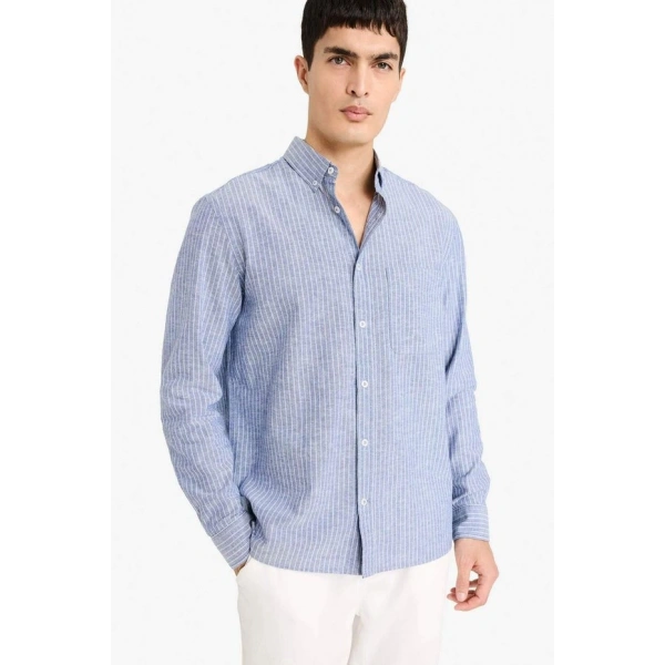 Defacto Regular Fit Polo Yaka Keten Karışımlı Uzun Kollu Gömlek