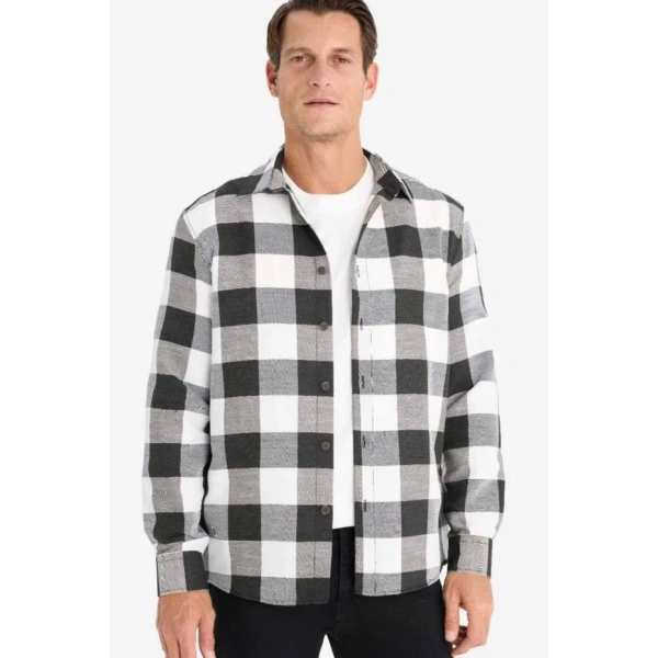 Defacto Regular Fit Polo Yaka Pamuklu Kareli Uzun Kollu Gömlek