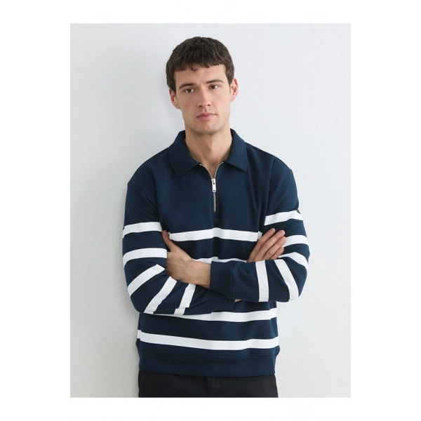 LC Waikiki Polo Yaka Çizgili Erkek Kalın Sweatshirt