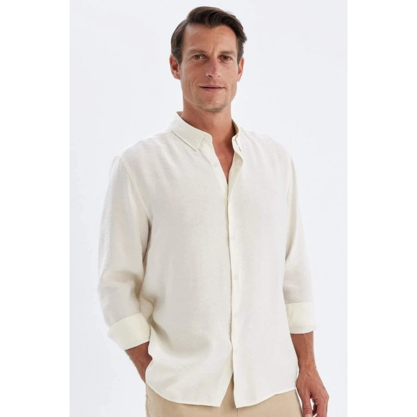 Defacto Relax Fit Polo Yaka Poplin Modal Basic Düz Uzun Kollu Gömlek