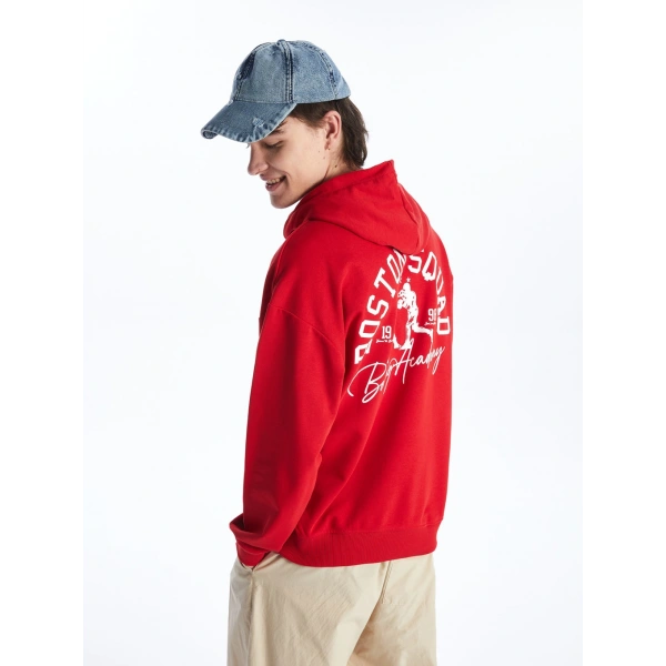 LC Waikiki Kırmızı Uzun Kollu Baskılı Erkek Kalın Hoodie