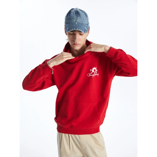 LC Waikiki Kırmızı Uzun Kollu Baskılı Erkek Kalın Hoodie