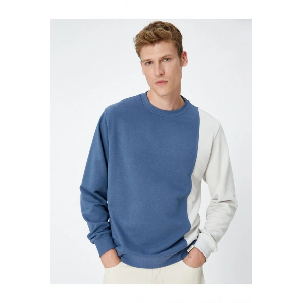 Koton Bisiklet Yaka Sweatshirt Renk Bloklu Etiket Baskılı Uzun Kollu