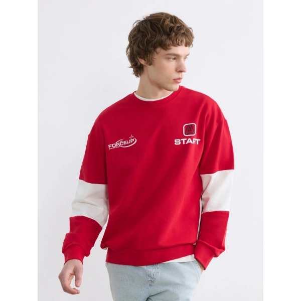LC Waikiki Kırmızı Bisiklet Yaka Baskılı Erkek Sweatshirt