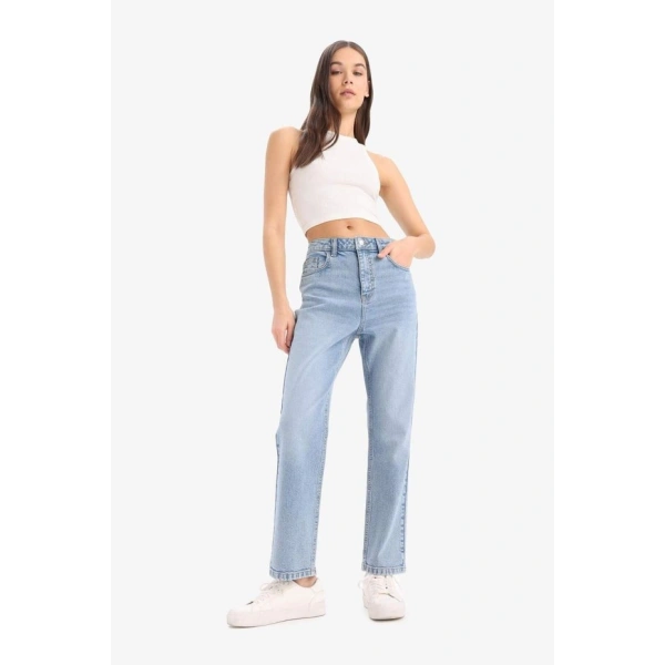 Defacto Mary Vintage Straight Fit Yüksek Bel Düz Paça Jean Kar Yıkamalı Pantolon