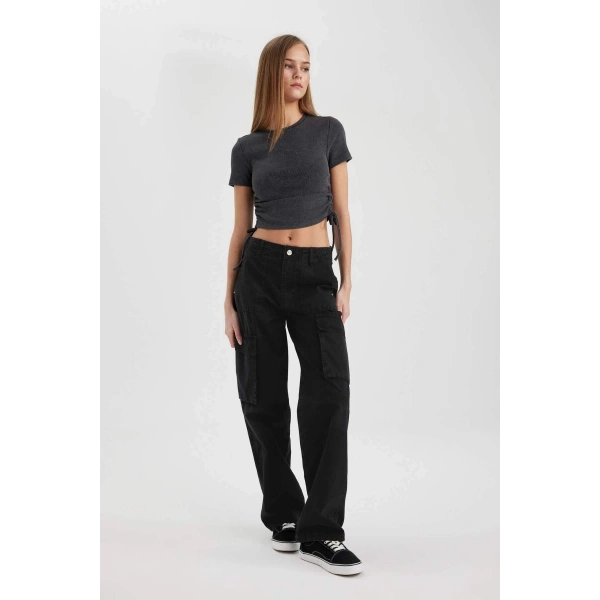 Gabardin Pantolon Straight Fit Standart Boy Yüksek Bel Kargo Cepli B0625AX23AU