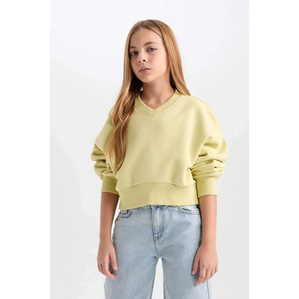 Defacto Cropped Fit V Yaka Basic Düz Sweatshirt Kız Çocuk