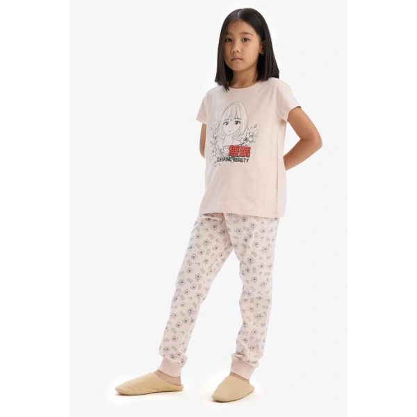 DEFACTO Kız Çocuk %100 Pamuklu Anime Baskılı Pijama Takımı