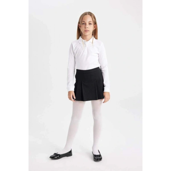 Defacto Kız Çocuk Siyah Basic Düz Beli Lastikli Pileli Twill Okul Eteği