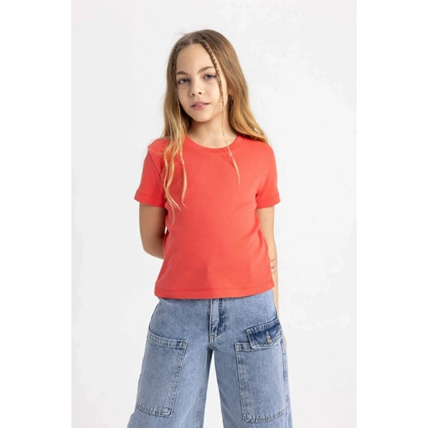 Defacto Kız Çocuk Slim Fit Dar Kesim Bisiklet Yaka Kısa Kollu Tişört