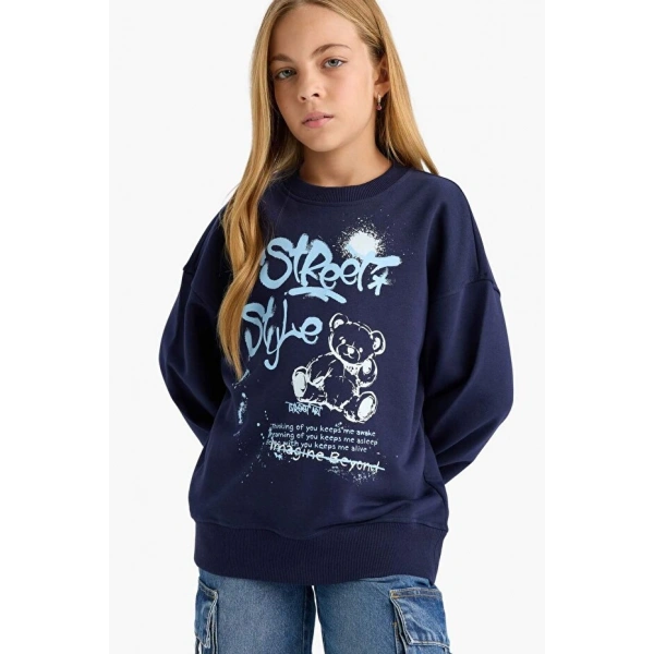 Defacto Oversize Geniş Kalıp Bisiklet Yaka Baskılı Sweatshirt Kız Çocuk