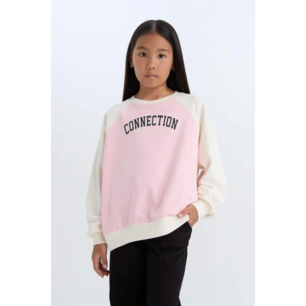 Defacto Relax Fit Bisiklet Yaka Baskılı Sweatshirt Kız Çocuk