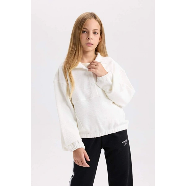 Defacto Relax Fit Çıtçıtlı Dik Yaka Basic Düz Sweatshirt Kız Çocuk