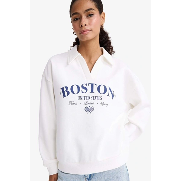 Defacto Relax Fit Polo Yaka Baskılı Kalın Sweatshirt