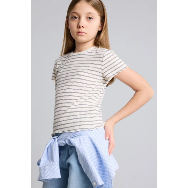 DEFACTO Slim Fit Baskılı Fitilli Tişört Kız Çocuk