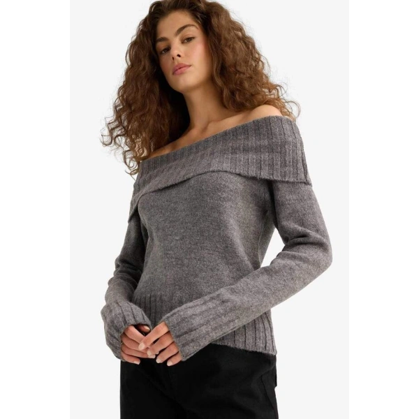 Defacto Slim Fit Dar Kesim Açık Omuz Triko Kazak
