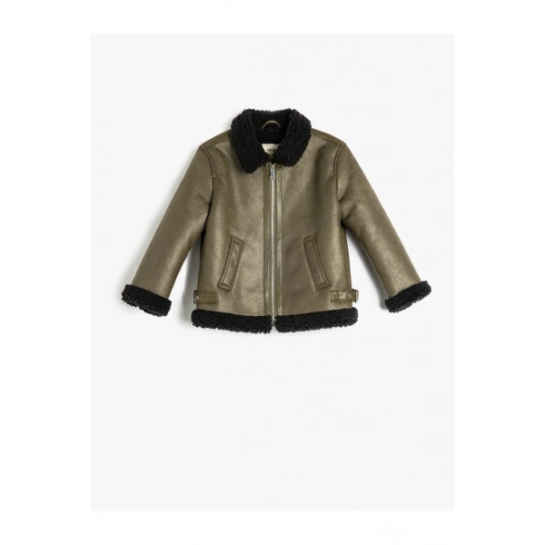 Koton Biker Ceket Suni Deri Peluş Detaylı