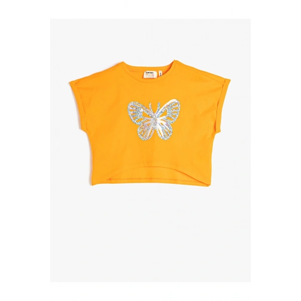 Koton Crop Tişört Oversize Kısa Kollu Pul Payet İşlemeli Pamuklu