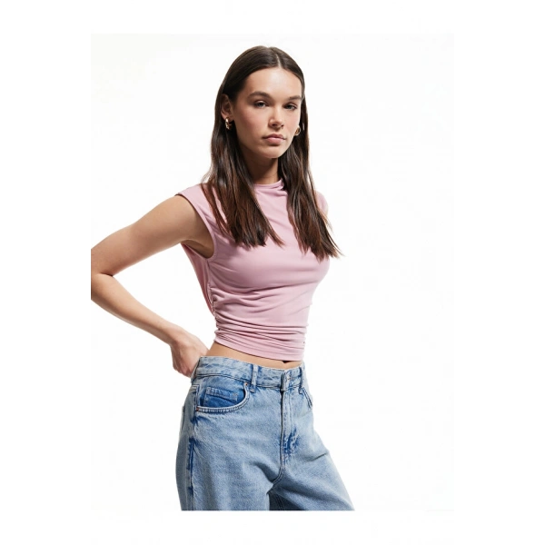 Koton Drapeli Dik Yaka Kolsuz Crop Slim Fit Üst