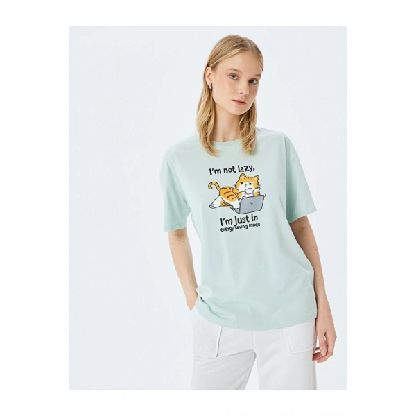 Koton Kadın Kedi Baskılı Bisiklet Yaka Mint Yeşili Kadın T-Shirt